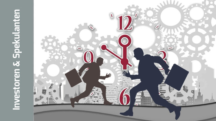 Grafik: Zwei Silhouetten von Geschäftsmännern mit Aktenkoffer laufen in entgegengesetzte Richtungen im Hintergrund: stilisierte Zahnräder und eine Uhr, die 5 vor 12 anzeigt.