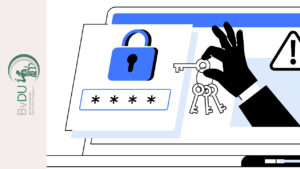 Illustration mit Laptop und Hand mit Schlüssel die ein Schloss aufschliessen möchte