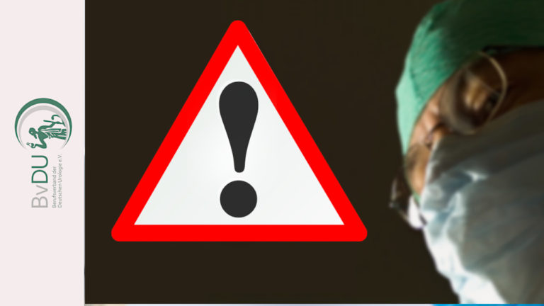 Seitlich das Gesicht eines Chirurgen, mittig ein Warnschild.