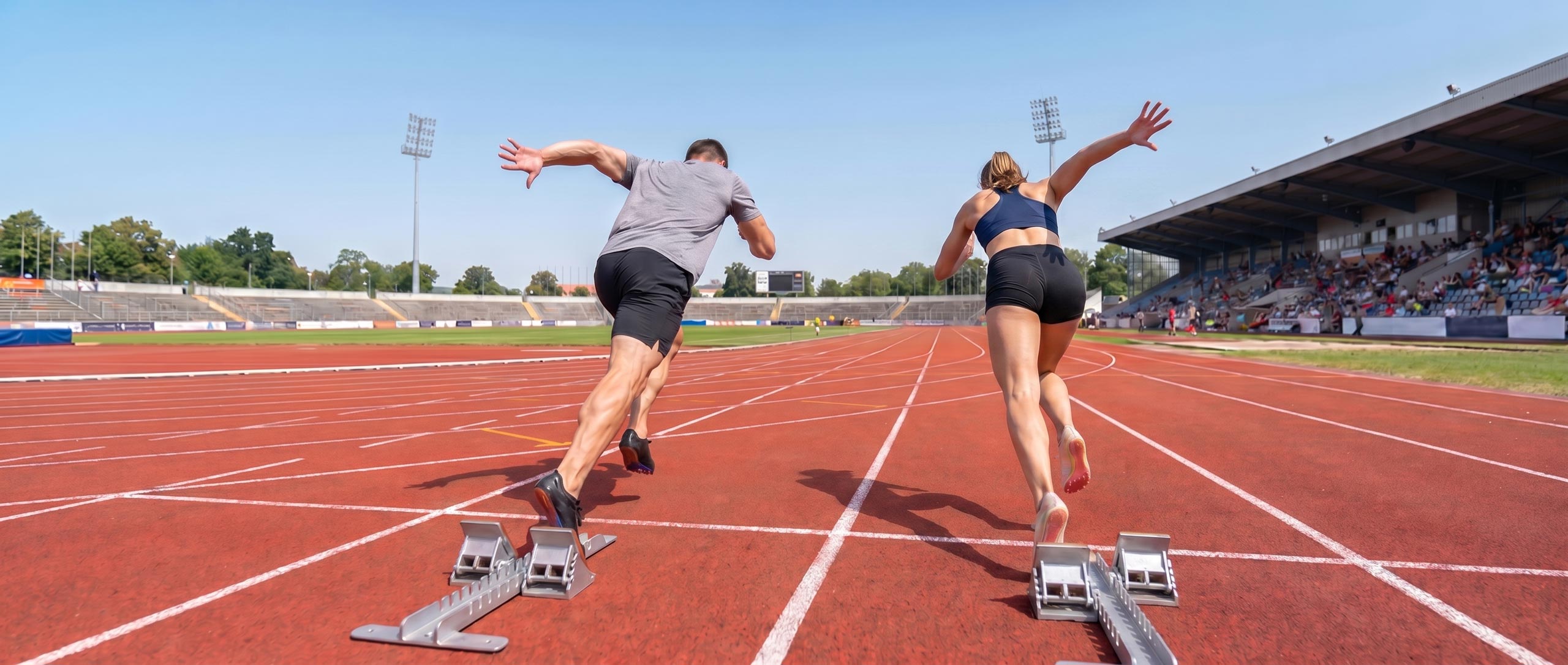Laufbahn mit jungen Sportlern rennen aus dem Startblock